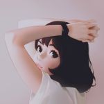  1girl arms_up black_eyes black_hair closed_mouth grey_background hands_above_head highres ilya_kuvshinov looking_at_viewer looking_to_the_side original shirt short_hair short_sleeves simple_background smile solo upper_body watch watch white_shirt 