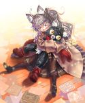  &gt;_&lt; 1girl :d ahoge animal_ears bettle_(b_s_a_n) black_cat blush_stickers book brown_coat brown_footwear brown_hair brown_skirt cat cat_ears character_request coat drawing eyebrows_visible_through_hair fang from_above full_body furry gloves hair_between_eyes hug loafers long_sleeves looking_away on_ground open_mouth pantyhose red_footwear red_gloves sennen_sensou_aigis shoes side_ponytail silhouette sitting skirt slit_pupils smile sparkle v-shaped_eyebrows wooden_floor yellow_sclera 