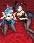  2girls ;d animal_ears arm_strap bettle_(b_s_a_n) black_footwear black_hair black_legwear black_leotard black_neckwear blue_eyes blue_hair blush breast_suppress breasts brown_eyes bunny_girl covered_navel crescent detached_collar double_v fake_animal_ears from_above hair_between_eyes high_heels hikage_(sennen_sensou_aigis) kaguya_(sennen_sensou_aigis) kneeling large_breasts leotard long_hair looking_at_viewer low-tied_long_hair lying multiple_girls on_back one_eye_closed open_mouth pantyhose parted_lips pointy_ears ponytail sennen_sensou_aigis smile thick_eyebrows thighband_pantyhose v very_long_hair wrist_cuffs 