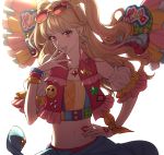  1girl aikatsu! blonde_hair bracelet eyewear_on_head jewelry komo_(sleepy) long_hair looking_at_viewer midriff natsuki_mikuru navel necklace red_eyes simple_background solo sunglasses two_side_up 