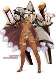  1girl bangs bat_wings beltbra black_hat breasts brown_cape buckle cape character_name clover colored_eyelashes commentary_request dark_skin familiar four-leaf_clover full_body groin guilty_gear guilty_gear_xrd hair_between_eyes hand_up hat highres huge_weapon karukan_(monjya) legs_apart looking_at_viewer medium_breasts medium_hair nail_polish navel orange_eyes parted_lips pauldrons ramlethal_valentine ribbon serious shadow shiny shiny_skin short_shorts shorts simple_background solo standing stomach sword teeth thigh_strap toenail_polish under_boob weapon white_background white_belt white_cape white_hair white_hat white_nails white_shorts wings wrist_ribbon 