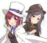  2girls :d bangs blush bow brown_capelet brown_eyes brown_hat cape capelet closed_mouth collared_shirt eyebrows_visible_through_hair grey_hair hair_bow hat highres long_hair long_sleeves looking_at_viewer merry_(168cm) multiple_girls necktie open_mouth princess_principal purple_bow purple_hair purple_shirt shirt smile sophie_mackenzie star stephanie_(princess_principal) striped striped_bow sweat top_hat violet_eyes white_background white_cape white_coat white_hat white_neckwear 