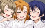  3girls bangs blue_hair blush brown_eyes closed_eyes closed_mouth commentary_request grey_hair hair_between_eyes hands_on_another&#039;s_shoulders highres kousaka_honoka long_hair looking_at_viewer love_live! love_live!_school_idol_project minami_kotori multiple_girls open_mouth orange_hair sandwiched shirt shogo_(4274732) simple_background smile sonoda_umi upper_body white_shirt 