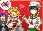  3girls :3 anchor_symbol apron ascot black_hair blonde_hair border brown_hair buttons chamaji chef_hat chef_uniform closed_eyes commentary_request crossed_out curry curry_rice dress eyebrows_visible_through_hair food gradient_hair green_eyes hair_between_eyes hand_on_hip hat heart hijiri_byakuren ladle layered_dress long_hair long_sleeves meat multicolored_hair multiple_girls murasa_minamitsu neck_ribbon open_mouth plate pot purple_hair ribbon rice sailor_collar short_hair short_sleeves simple_background speech_bubble spoon tongue tongue_out toramaru_shou touhou twitter_username 