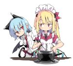  2girls alternate_costume animal_ears ascot bat_wings blonde_hair blue_hair blush cat_ears cat_tail enmaided fake_animal_ears flandre_scarlet hair_ribbon looking_at_another maid maid_headdress multiple_girls noya_makoto pointy_ears red_eyes red_neckwear red_ribbon remilia_scarlet ribbon siblings side_ponytail simple_background sisters tail touhou white_background wings 