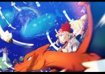  2girls :d beanie blonde_hair blue_eyes charizard flying hat island letterboxed lighthouse lillie_(pokemon) mizuki_(pokemon_sm) multiple_girls open_mouth pokemon pokemon_(game) pokemon_sm rainbow shamonabe_(pypyworks) shirt short_sleeves sideways_mouth smile wailord white_shirt wingull 