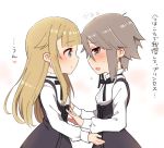  2girls ange_(princess_principal) bangs black_dress blonde_hair blue_eyes blunt_bangs blush closed_mouth dress eyebrows_visible_through_hair flying_sweatdrops grey_hair hair_flaps highres long_hair long_sleeves looking_at_another looking_away looking_to_the_side merry_(168cm) multiple_girls parted_lips princess_(princess_principal) princess_principal profile shirt sidelocks simple_background smile sweat translation_request very_long_hair white_background white_shirt yuri 