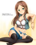  1girl bangs black_legwear breasts brown_hair character_name cleavage green_eyes happy_birthday highres idolmaster idolmaster_cinderella_girls long_hair looking_at_viewer matsuyama_kumiko medium_breasts navel parted_bangs shogun_(a96040021) smile solo thigh-highs zettai_ryouiki 