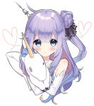  1girl :&lt; azur_lane bare_shoulders blush closed_mouth cropped_torso elbow_gloves eyebrows_visible_through_hair gloves hair_between_eyes hair_bun heart kanno_sayu long_hair looking_at_viewer one_side_up purple_hair solo unicorn unicorn_(azur_lane) upper_body violet_eyes white_background white_gloves 
