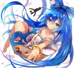  1girl bangle bare_legs barefoot blue_bow blue_eyes blue_hair blue_skirt bow bowl box bracelet broken efe hair_between_eyes hair_bow hood hoodie jewelry long_hair looking_at_viewer mikan_box miniskirt simple_background skirt solo stuffed_animal stuffed_cat stuffed_toy touhou very_long_hair white_background yorigami_shion 