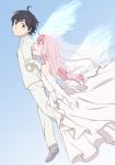  1boy 1girl ahoge bangs bare_shoulders beige_pants black_hair blue_eyes blush breasts bridal_veil collared_shirt commentary_request couple darling_in_the_franxx dress elbow_gloves eyebrows_visible_through_hair floating formal gloves green_eyes grey_footwear hetero highres hiro_(darling_in_the_franxx) horns long_hair long_sleeves looking_at_another looking_back medium_breasts oni_horns open_mouth pandagapandade pink_hair red_horns shirt shoes short_hair sleeveless sleeveless_dress suit veil wedding_dress white_dress white_gloves white_shirt white_wings wing_collar wings zero_two_(darling_in_the_franxx) 