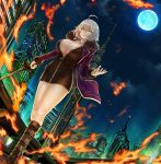  ahoge blonde_hair boots breasts building city cleavage fate/grand_order fate_(series) fire highres jeanne_d&#039;arc_(alter)_(fate) jeanne_d&#039;arc_(fate)_(all) large_breasts legs long_legs mhg_(hellma) moon night_sky sky skyscraper sword thighs weapon yellow_eyes 
