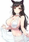  1girl animal_ears atago_(azur_lane) azur_lane bikini black_hair blush breasts cleavage large_breasts long_hair looking_at_viewer mole mole_under_eye navel sarong sarong_lift see-through shimazu_tekkou simple_background smile solo swimsuit white_background white_bikini yellow_eyes 