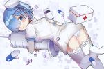  1girl alternate_costume ass blue_eyes blue_hair blush first_aid_kit garter_straps hair_ornament hair_over_one_eye hanakanzarashi hat looking_at_viewer looking_back no_shoes nurse oversized_object panties pill purple_ribbon re:zero_kara_hajimeru_isekai_seikatsu rem_(re:zero) ribbon short_hair solo syringe tears thigh-highs underwear white_legwear white_panties x_hair_ornament 