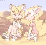  2girls animal_ears blonde_hair blue_sky bow bowtie brown_eyes cat_ears cat_tail colo_(frypan_soul) dated day desert eating elbow_gloves extra_ears fennec_(kemono_friends) food fox_ears fox_tail frilled_skirt frills fur_trim gloves highres holding holding_food japari_bun kemono_friends looking_at_another miniskirt multiple_girls outdoors pink_sweater print_gloves print_legwear print_skirt sand_cat_(kemono_friends) sand_cat_print shirt short_hair short_sleeves sitting skirt sky sleeveless sleeveless_shirt smile sweater tail wariza white_gloves white_skirt yellow_eyes yellow_legwear yellow_neckwear 