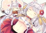  1girl :3 =_= animal_ears azur_lane blush bone boned_meat breasts chibi closed_mouth collar dog dreaming drooling eating eyebrows_visible_through_hair food from_above gyorui_(yakiudonnn) heart holding holding_food kagami_mochi leash long_hair lying meat medium_breasts mouth_hold navel on_back outline pleated_skirt red_skirt saliva sarashi silver_hair skirt sleeping spiked_collar spikes thick_eyebrows thought_bubble two_side_up very_long_hair x_navel yuudachi_(azur_lane) 