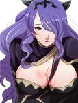  1girl breasts camilla_(fire_emblem_if) cleavage fire_emblem fire_emblem_if hair_over_one_eye large_breasts long_hair looking_at_viewer purple_hair simple_background solo violet_eyes 