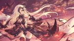  1girl armor armored_dress artist_name atdan bangs bird black_dress blonde_hair breasts chains cleavage clouds cowboy_shot crow dress elbow_gloves fate/grand_order fate_(series) fire fur_trim gauntlets gloves headpiece highres holding holding_sword holding_weapon jeanne_d&#039;arc_(alter)_(fate) jeanne_d&#039;arc_(fate)_(all) long_hair looking_away medium_breasts navel navel_cutout outdoors outstretched_arm polearm sky solo standing sword thigh-highs twilight weapon wind yellow_eyes 
