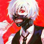  1boy black_nails black_neckwear black_vest collared_shirt fingernails hand_up holding ilya_kuvshinov kaneki_ken looking_at_viewer mask nail_polish necktie red_background red_eyes shirt simple_background solo teeth tokyo_ghoul upper_body vest white_hair white_vest wide-eyed wing_collar 