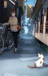  1girl air_conditioner alley bag bicycle black_legwear blush brown_eyes brown_hair cat city commentary day ground_vehicle handbag kyoto light_smile looking_to_the_side original plant potted_plant real_world_location sakeharasu sidelocks solo sweater vanishing_point walking 