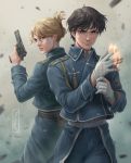  1boy 1girl black_hair blonde_hair earrings fire fullmetal_alchemist gloves gun highres jewelry kotikomori military military_uniform riza_hawkeye roy_mustang short_hair uniform weapon white_gloves 