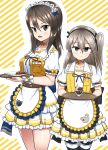  2girls alternate_costume animal_print apron bangs bear_print black_legwear black_ribbon blue_bow boko_(girls_und_panzer) bow brown_eyes brown_hair choker closed_mouth coco&#039;s cowboy_shot diagonal-striped_background diagonal_stripes emblem eyebrows_visible_through_hair food frilled_apron frilled_skirt frills girls_und_panzer glass hair_bow hair_ribbon highres hikyakuashibi holding ice_cream jacket keizoku_(emblem) layered_skirt light_brown_hair long_hair looking_at_viewer maid_headdress mika_(girls_und_panzer) miniskirt multiple_girls name_tag no_hat no_headwear open_mouth plate ribbon ribbon_choker shimada_arisu shirt short_sleeves side_ponytail skirt smile standing striped striped_legwear sundae thigh-highs tray waist_apron waitress white_apron white_shirt white_skirt wristband yellow_background yellow_choker yellow_jacket 