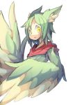  1girl 41n39 animal_ears feathered_wings feathers green_feathers green_hair harpy highres monster_girl open_mouth original scarf solo winged_arms wings yellow_eyes yellow_feathers 
