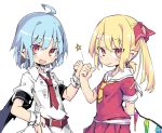 2girls :d ahoge ascot bat_wings blonde_hair blue_hair closed_mouth commentary_request flandre_scarlet hair_ribbon looking_at_another multiple_girls no_hat no_headwear noya_makoto open_mouth pointy_ears red_eyes red_neckwear red_ribbon remilia_scarlet ribbon short_hair short_sleeves siblings side_ponytail simple_background sisters smile touhou white_background wings wrist_cuffs yellow_neckwear 