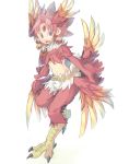  1girl 41n39 earrings feathered_wings feathers forehead_jewel harpy head_feathers jewelry midriff monster_girl original red_eyes redhead solo tail_feathers talons wings 