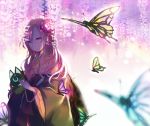  1girl backlighting butterfly flower fox_mask hair_flower hair_ornament haori japanese_clothes kazu_(muchuukai) kimono long_hair looking_at_viewer looking_to_the_side mask original pink_eyes pink_hair serious solo wisteria 