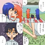 1boy 2girls 4koma antenna_hair barefoot black_hair blood blue_eyes blue_hair blush comic commentary_request constricted_pupils empty_eyes flip_flappers french_kiss from_behind grass hand_holding himedanshi kiss lake long_hair mimi_(flip_flappers) multiple_girls nosebleed orange_hair papika_(flip_flappers) partially_translated rifyu salt_(flip_flappers) sitting translation_request yuri yuridanshi