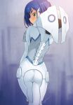  1girl arm_at_side ass blue_hair bodysuit breasts closed_mouth commentary darling_in_the_franxx eyebrows_visible_through_hair from_behind frown green_eyes hair_ornament hair_over_one_eye hairclip hand_on_own_shoulder ichigo_(darling_in_the_franxx) kazuma_muramasa legs_together looking_at_viewer looking_back pilot_suit shiny shiny_hair short_hair signature skin_tight solo standing white_bodysuit 