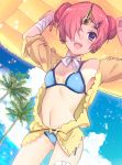  1girl arms_up bikini blue_bikini blue_sky breasts choker cleavage clouds cowboy_shot day double_bun dutch_angle fate/grand_order fate_(series) frankenstein&#039;s_monster_(swimsuit_saber)_(fate) from_below gluteal_fold groin hair_over_one_eye highres horn navel open_mouth outdoors palm_tree redhead ribbon ribbon_choker shinoko short_hair sky small_breasts solo standing swimsuit tree violet_eyes white_ribbon 