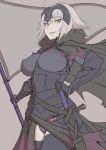  1girl ahoge armor armored_dress black_dress black_gloves black_legwear blonde_hair breasts cape chains commentary_request dress erect_nipples eyebrows_visible_through_hair fate/grand_order fate_(series) flag fur_trim gauntlets gloves hand_on_hip headpiece highres jeanne_d&#039;arc_(alter)_(fate) jeanne_d&#039;arc_(fate)_(all) large_breasts looking_at_viewer mikoyan short_hair simple_background solo standing sword thigh-highs weapon yellow_eyes 