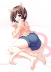  1girl animal_ears ass bare_shoulders barefoot beige_sweater blush brown_hair cat_ears cat_tail fang feet green_eyes hasumi_(hasubatake39) highres idolmaster idolmaster_cinderella_girls legs looking_back lying maekawa_miku off-shoulder_sweater off_shoulder on_side open_mouth paw_pose pink_camisole short_hair shorts smile solo sweater tail thighs white_background 