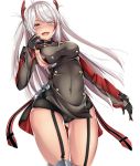  1girl :d absurdres azur_lane bangs black_gloves black_panties blush breasts brown_eyes contrapposto covered_navel eyebrows_visible_through_hair garter_straps gloves gluteal_fold heart heart-shaped_pupils highres kana616 large_breasts long_hair long_sleeves looking_at_viewer mole mole_on_breast multicolored_hair nose_blush open_mouth panties prinz_eugen_(azur_lane) redhead silver_hair simple_background smile solo standing streaked_hair swept_bangs symbol-shaped_pupils two_side_up underwear very_long_hair white_background 