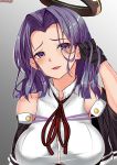  1girl artist_name bare_shoulders black_gloves blush breasts buttons gloves highres kantai_collection large_breasts mechanical_halo open_mouth purple_hair red_ribbon remodel_(kantai_collection) ribbon sazamiso_rx short_hair solo tatsuta_(kantai_collection) violet_eyes 