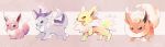  :d blue_eyes commentary_request eevee flareon jolteon looking_at_viewer manino_(mofuritaionaka) no_humans open_mouth pokemon pokemon_(creature) red_eyes sitting smile two-tone_background vaporeon violet_eyes yellow_eyes 