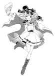  1girl :d arm_up bag bangs boots bow drill_hair eyebrows_visible_through_hair eyewear_on_head full_body greyscale hair_bow handbag hat hat_bow holding jewelry long_sleeves looking_at_viewer monochrome necklace open_mouth pendant simple_background smile solo sunglasses top_hat torii_sumi touhou twin_drills unmoving_pattern white_background wide_sleeves yorigami_jo&#039;on 
