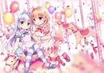  2girls :d animal_ears apron azumi_kazuki balloon bangs blue_bow blue_dress blue_eyes blue_footwear blue_hair blurry blurry_background blush bow candy carousel commentary_request confetti depth_of_field dress eyebrows_visible_through_hair fake_animal_ears food frilled_apron frills gochuumon_wa_usagi_desu_ka? hair_between_eyes hair_ornament hairband hairclip heart holding holding_lollipop hoto_cocoa kafuu_chino light_brown_hair lollipop long_hair looking_at_viewer mary_janes multiple_girls open_mouth parted_lips pink_dress puffy_short_sleeves puffy_sleeves rabbit_ears red_bow shoes short_sleeves smile striped striped_bow striped_legwear thigh-highs very_long_hair violet_eyes white_apron white_hairband wrist_cuffs 
