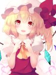  1girl ascot blonde_hair blush commentary_request eyebrows_visible_through_hair fingers_together flandre_scarlet gengetsu_chihiro gradient gradient_background hat heart looking_at_viewer mob_cap open_mouth pink_background puffy_short_sleeves puffy_sleeves red_eyes red_skirt red_vest short_hair short_sleeves side_ponytail skirt smile solo touhou upper_body vest white_background wings yellow_neckwear 