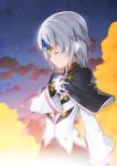  1girl another_code_(elsword) capelet closed_eyes clouds cloudy_sky elsword eve_(elsword) facial_mark forehead_jewel gloves hand_on_own_chest night night_sky ress short_hair silver_hair sky star 