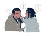  1boy 1girl ainu ainu_clothes asirpa bandanna black_hair cape commentary earrings facial_scar feeding food force_feeding fur_cape golden_kamuy hair_slicked_back hand_on_another&#039;s_cheek hand_on_another&#039;s_face hoop_earrings jewelry long_hair military military_uniform ogata_hyakunosuke scar scar_on_cheek short_hair speech_bubble spoon spot_color talking translation_request uniform vu_uv55 