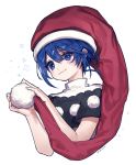  1girl :3 ainy77 bare_arms blue_eyes blue_hair closed_mouth doremy_sweet hair_between_eyes hat holding nightcap pom_pom_(clothes) red_hat short_sleeves simple_background smile solo touhou turtleneck upper_body white_background 
