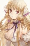  1girl :o bare_shoulders blonde_hair blue_ribbon breasts brown_eyes chii chobits detached_collar detached_sleeves dress eyebrows_visible_through_hair grey_background hankuri large_breasts long_hair looking_at_viewer neck_ribbon parted_lips ribbon robot_ears simple_background solo upper_body white_dress 