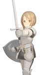  1girl blonde_hair breastplate closed_mouth cowboy_shot faulds greaves green_eyes holding holding_sword holding_weapon keemu_(occhoko-cho) looking_at_viewer original plate_armor shield simple_background solo spaulders standing sword weapon white_background 