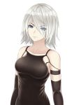  1girl bare_shoulders black_gloves blue_eyes breasts collarbone elbow_gloves eyes_visible_through_hair gloves hair_over_one_eye highres medium_breasts mole mole_under_mouth nier_(series) nier_automata serious short_hair silver_hair simple_background solo white_background yorha_type_a_no._2 yuki7128 