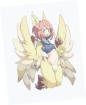  1girl 41n39 animal_ears blue_eyes blush breasts claws feathered_wings feathers harpy head_feathers head_wings highres midriff monster_girl open_mouth original pink_hair simple_background small_breasts solo talons tank_top winged_arms wings yellow_feathers 