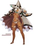  1girl bangs beltbra black_hat breasts brown_cape buckle cape character_name clover colored_eyelashes dark_skin four-leaf_clover full_body groin guilty_gear guilty_gear_xrd hair_between_eyes hand_up hat highres karukan_(monjya) legs_apart looking_at_viewer medium_breasts medium_hair nail_polish navel orange_eyes parted_lips pauldrons ramlethal_valentine ribbon serious shadow shiny shiny_skin short_shorts shorts simple_background solo standing stomach teeth thigh_strap toenail_polish under_boob white_background white_belt white_cape white_hair white_hat white_nails white_shorts wrist_ribbon 