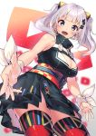  1girl :d bangs blue_eyes breasts cleavage cleavage_cutout hair_ornament hairclip highres itohana kaguya_luna kaguya_luna_(character) looking_at_viewer medium_breasts obi open_mouth sash short_hair silver_hair sleeveless smile solo thigh-highs twintails 